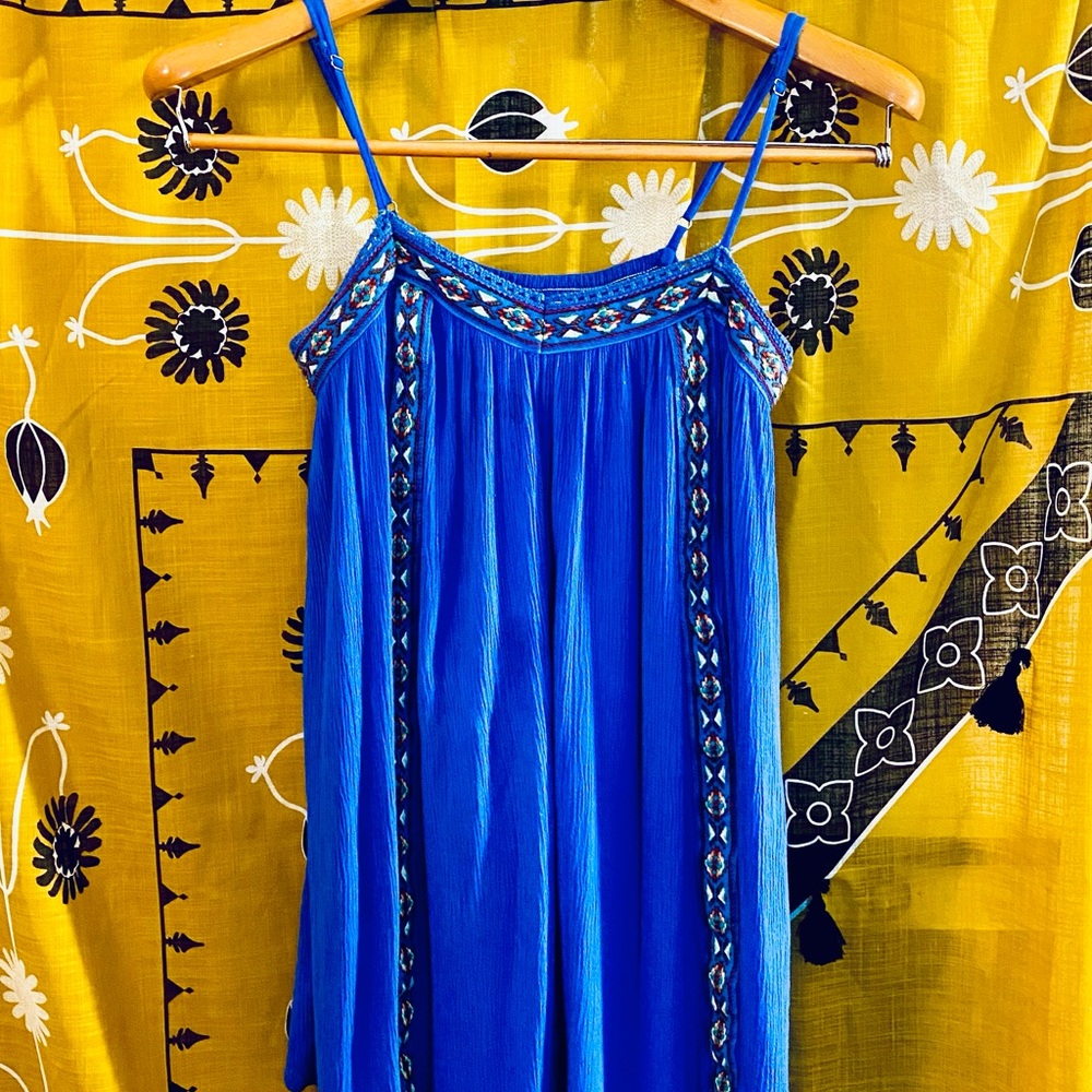 ENTRO small bohemian spaghetti strapped cobalt blue w/tribal colored embroidery